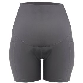 Women Maternity Shorts Seamless Pregnancy Underwear Shapewear Fitness Yoga Running Shorts High Waist Over The Belly Pants with Two Side Pockets (Option: GRY_M)