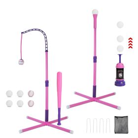 3-In-1 Baseball Toy Set For 3-5Years Old Kids And Toddlers Includes Tee Ball Stand Hanging Tee Automatic Ball Launcher with Adjustable Height For Indo (Option: BallSetPink)