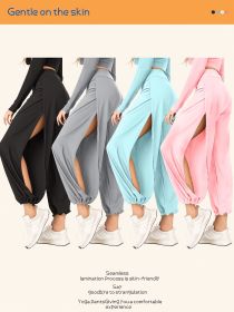 [4 Pack High Waist Split Pants]Women's Loose Fit Yoga Trousers, Black+Gray+Blue+Pink Elastic Waist Workout Pants with Side Slit (Color: Black+Gray+Blue+Pink, size: XXL)